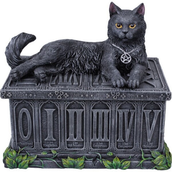 Cat Fortune Tarot Box Holder Sculpture Trinket Black Decor